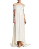 Off-the-Shoulder Chiffon Lace-Trim Gown, Off White