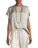 Lori Short-Sleeve Satin Blouse, Khaki