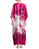 Floral-Print Charmeuse Zip-Front Caftan, Fuchsia Print