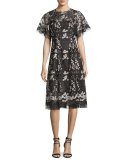 Floral Embroidered Tulle Midi Cocktail Dress, Black