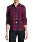 Long-Sleeve Flannel Plaid Button-Front Blouse, Hollyberry/Midnight