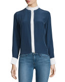 Classic Two-Tone Silk Blouse, Navy