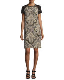 Stud-Print Lace-Sleeve Dress, Ivory