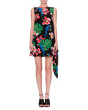 Tropical-Print Draped-Back Dress, Black/Multi