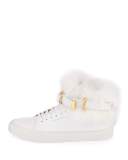 Women's 100mm Belted Fur High-Top Sneaker, White