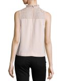 High-Neck Crepe Top w/Lace Yoke, Blush