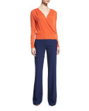 Paz Long-Sleeve Surplice Jersey Top, Orange