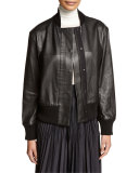 Bonded Leather Bomber Jacket, Black