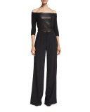 Mel Off-the-Shoulder Leather-Panel Crop Top, Black