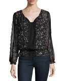 Grazia Floral-Print Silk Blouson Top, Caviar