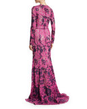 Long-Sleeve Two-Tone Lace Gown, Magenta