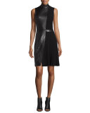 Sleeveless Mock-Neck Leather Combo Dress, Black