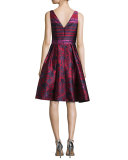 Deep V-Neck Fit-and-Flare Striped Dress, Cranberry 