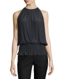 Lauren Sleeveless Smocked-Waist Top, Black