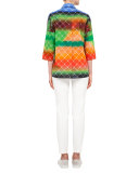3/4-Sleeve Baseball-Net Print Blouse, Multi Colors