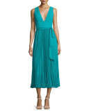 Ryn Pleated Chiffon V-Neck Midi Dress, Turquoise