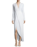 Long-Sleeve Pleated Faux-Wrap Dress, White