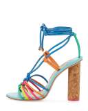 Copacabana Strappy Cork-Heel Sandal, Blue/Multi