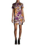 Floral Jacquard Mini Shirtdress, Copper Rose Metallic
