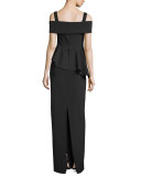Cold-Shoulder Peplum Column Gown, Black