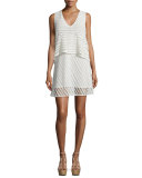 Sleeveless Sheer-Stripe Popover Dress, White
