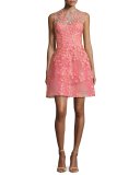 Sleeveless Floral-Appliqué Cocktail Dress, Apricot