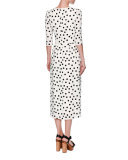 Polka-Dot 3/4-Sleeve Midi Dress, White/Black