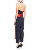 Satin Wrap Jumpsuit, Navy/Red/Pink