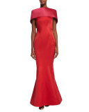 Off-The-Shoulder Colorblock Gown, Fuchsia/Hibiscus