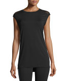 Mesh-Back Cap-Sleeve Sport Tee, Black