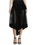 Silk Tulle Fishtail Skirt w/Eyelet Hem, Black