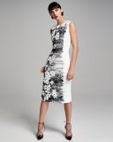 Sleeveless Floral Sheath Dress, Black/White