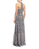 Halter-Neck Racerback Printed Gown, Black/White
