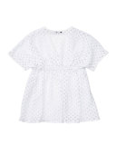 Short-Sleeve Netted Swim Coverup, White, Size 8-14