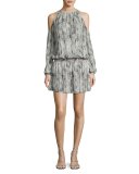 Lauren Snakeskin Cold-Shoulder Blouson Dress, Gunmetal