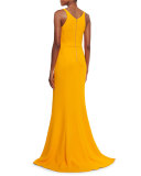 Sleeveless V-Neck Fluted Gown, Marigold