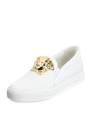Leather Slip-On Sneaker with Golden Medusa Head, White