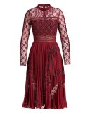 Medallion-Lace Midi Dress w/Plissé Skirt, Burgundy