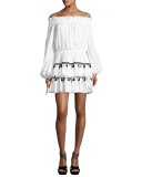 Lou Pompom Off-the-Shoulder Mini Dress, White