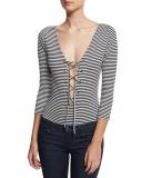 Striped Lace-Up Plunging V-Neck Thong Bodysuit, Black/White
