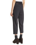 Belted Pinstripe Cropped Pants, Onyx