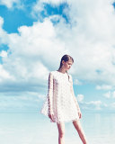 Bell-Sleeve Swiss Dot Cocktail Dress, Creme