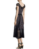 Cap-Sleeve Floral Silk & Lace Midi Dress, Black