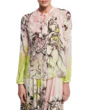 Kimono Floral-Print Button-Front Blouse, Yellow/Pink