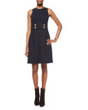 Sleeveless Knot-Button Dress, Navy