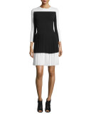 3/4-Sleeve Pleated-Skirt Dress, Black/White
