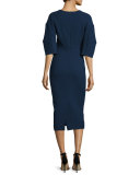 Half-Sleeve V-Neck Midi Dress, Navy