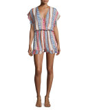 Gaby Short-Sleeve Striped Romper, Multi Pattern