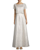 Short-Sleeve Two-Piece Lace Gown, Champagne