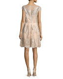 Cap-Sleeve Metallic Lace Fit-and-Flare Dress, Mocha